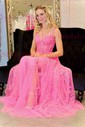 Sheath/Column Sweetheart Tulle Sweep Train Appliques Lace Prom Dresses