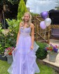Princess V-neck Tulle Ruffle Prom Dresses with Appliques