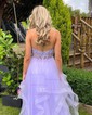 Princess V-neck Tulle Ruffle Prom Dresses with Appliques