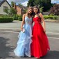 Princess V-neck Tulle Ruffle Prom Dresses with Appliques