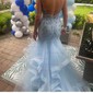 Mermaid V-neck Tulle Ruffle Prom Dresses With Appliques