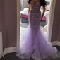 Mermaid V-neck Tulle Ruffle Prom Dresses With Appliques