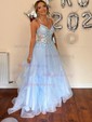 Princess V-neck Tulle Ruffle Prom Dresses With Appliques