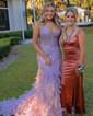 Mermaid V-neck Tulle Corset Prom Dresses With Feather