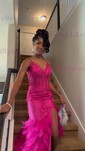 Mermaid V-neck Tulle Corset Prom Dresses With Feather