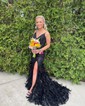 Mermaid V-neck Tulle Corset Prom Dresses With Feather