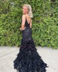 Mermaid V-neck Tulle Corset Prom Dresses With Feather