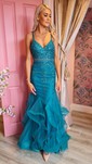 Mermaid V-neck Tulle Ruffle Prom Dresses With Beading