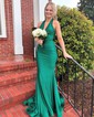 Mermaid Halter Jersey Backless Prom Dresses With Ruched