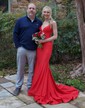 Trumpet/Mermaid V-neck Jersey Sweep Train Prom Dresses With Ruched
