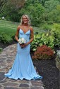 Trumpet/Mermaid V-neck Jersey Sweep Train Prom Dresses With Ruched