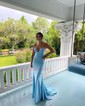 Trumpet/Mermaid V-neck Jersey Sweep Train Prom Dresses With Ruched