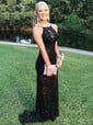 White Mermaid Scoop Neck Lace Prom Dresses With Split
