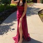 Sheath/Column V-neck Satin Prom Dresses With Appliques