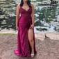Sheath/Column V-neck Satin Prom Dresses With Appliques