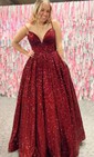 Princess V-neck Sparkly Sequin Prom Dresses With Ruched