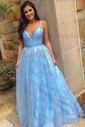 Sky Blue Ball Gown V-neck Tulle Prom Dresses With Ruched