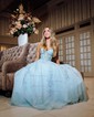 Ball Gown/Princess Sweetheart Tulle Sweep Train Prom Dresses With Appliques Lace