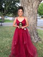 Ball Gown V-neck Tulle Ruffle Tiered Prom Dresses