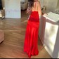 Sheath/Column Sweep Train Square Neckline Silk-like Satin Ruffles Prom Dresses