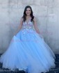 Ball Gown V-neck Floor-length Lace Tulle Prom Dresses With Floral