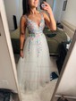 Ball Gown V-neck Floor-length Lace Tulle Prom Dresses With Floral