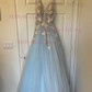 Ball Gown V-neck Floor-length Lace Tulle Prom Dresses With Floral