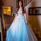 Ball Gown V-neck Floor-length Lace Tulle Prom Dresses With Floral