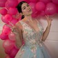 Ball Gown V-neck Floor-length Lace Tulle Prom Dresses With Floral