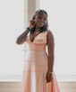 A-line V-neck Ruched Satin Prom Dresses With Appliques