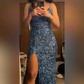 Mermaid V-neck Sparkly Velvet Sequin Prom Dresses With Fringe