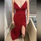 Mermaid V-neck Sparkly Velvet Sequin Prom Dresses With Fringe