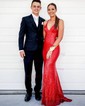 Red Mermaid V-neck Sparkly Sequin Prom Dresses