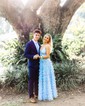 A-line V-neck Lace Jersey 3D Floral Prom Dresses
