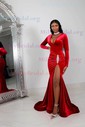 Mermaid V-neck Long Sleeves Velvet Prom Dresses With Beading