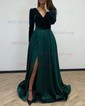 Ball Gown V-neck Velvet Satin Prom Dresses With Long Sleeves