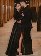 Ball Gown V-neck Velvet Satin Prom Dresses With Long Sleeves