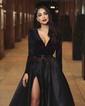 Ball Gown V-neck Velvet Satin Prom Dresses With Long Sleeves
