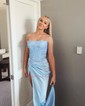 Sheath/Column Strapless Satin Prom Dresses With Beading