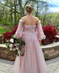 A-line Off-the-shoulder Tulle Puff Sleeve Prom Dresses With Appliques