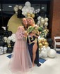 A-line Off-the-shoulder Tulle Puff Sleeve Prom Dresses With Appliques