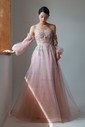A-line Off-the-shoulder Tulle Puff Sleeve Prom Dresses With Appliques