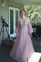 A-line Off-the-shoulder Tulle Puff Sleeve Prom Dresses With Appliques