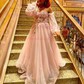 A-line Off-the-shoulder Tulle Puff Sleeve Prom Dresses With Appliques