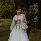 Ball Gown V-neck Puff Sleeve Tulle Prom Dresses With Floral
