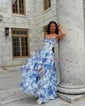 Ball Gown Strapless Satin Chiffon Floral Tiered Prom Dresses