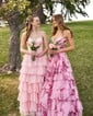Ball Gown Strapless Satin Chiffon Floral Tiered Prom Dresses