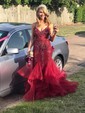Mermaid V-neck Tulle Floor-length Tiered Prom Dresses With Beading