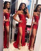 Sheath/Column V-neck Sparkly Sequin Prom Dresses With Appliques