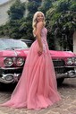 Ball Gown V-neck Tulle Backless Prom Dresses With Appliques